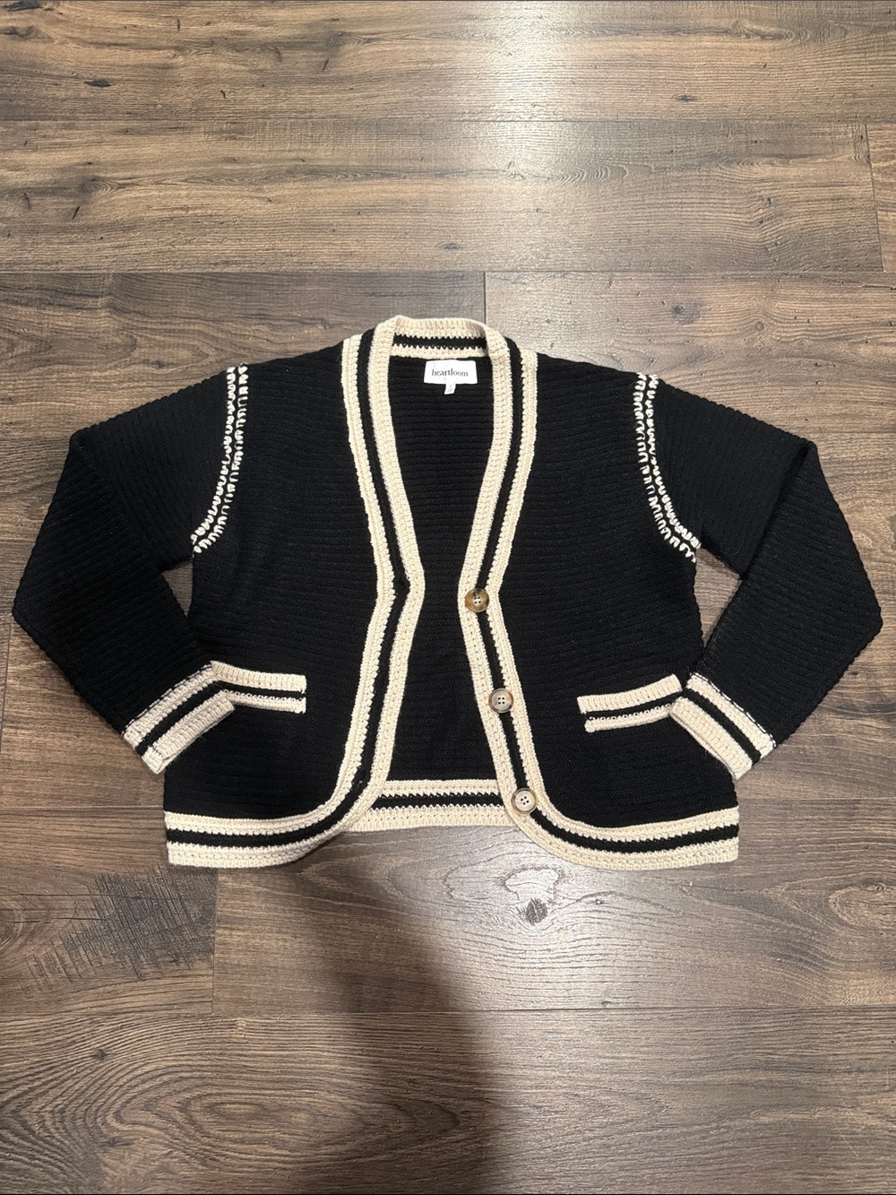 Heartloom Black Cardigan with Cream Trim